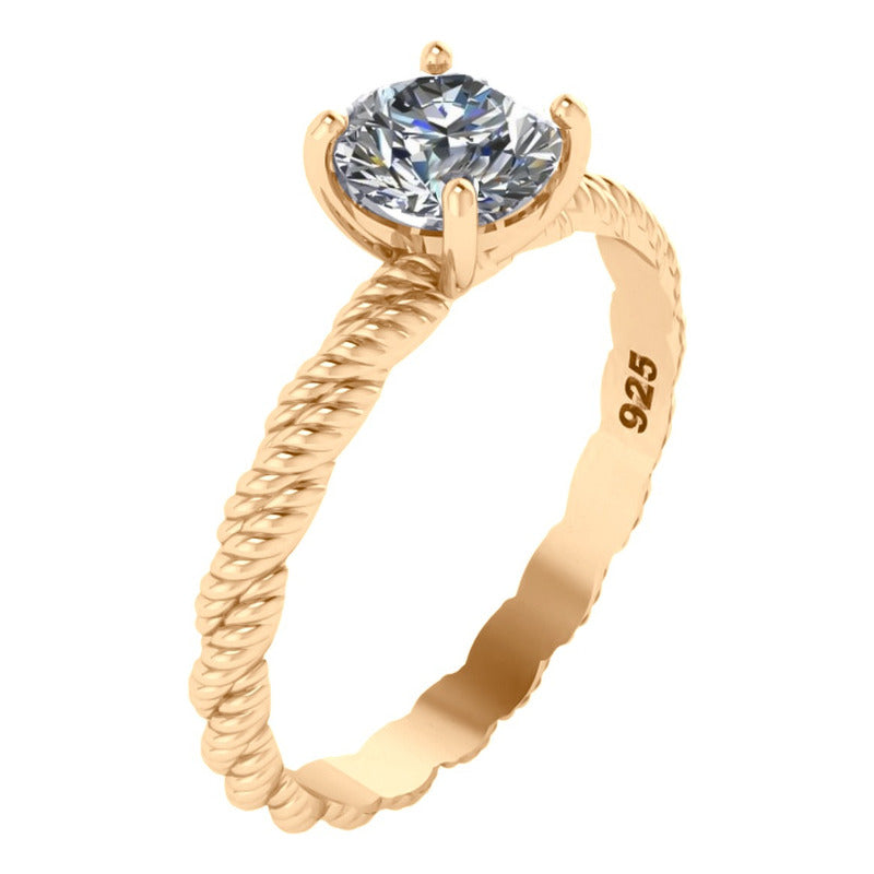 Anel Solitário Torcido Zircônia Prata 925 Dourada Ouro 18k