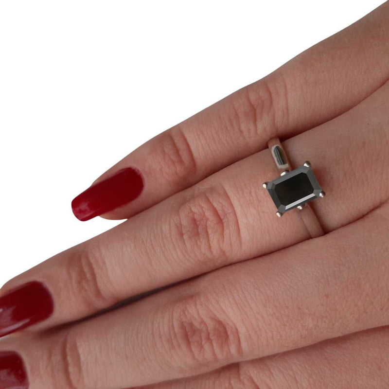 Anel Solitário Prata 925 Retangular Onix - Exclusivo