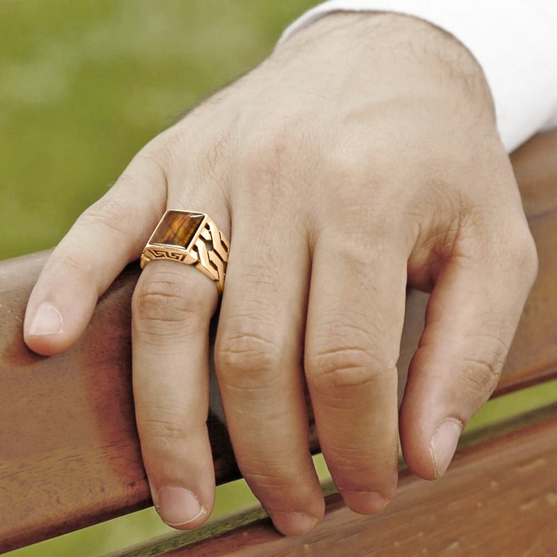Anel Masculino Elos Prata 925 Dourada Ouro 18k Olho De Tigre