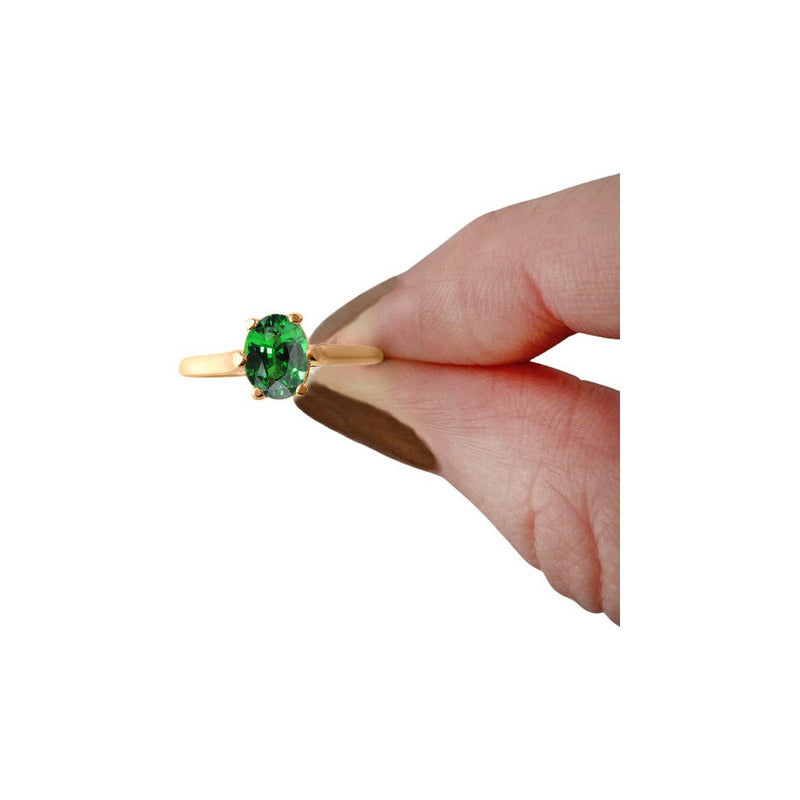 Anel Solitário Oval Em Prata 925 Dourada 18k - Esmeralda