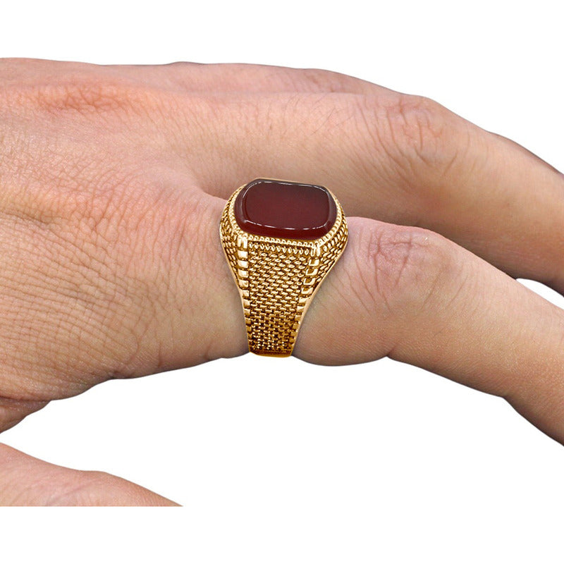 Anel Masculino Prata 925 Dourada Ouro 18k - Ágata Vermelha