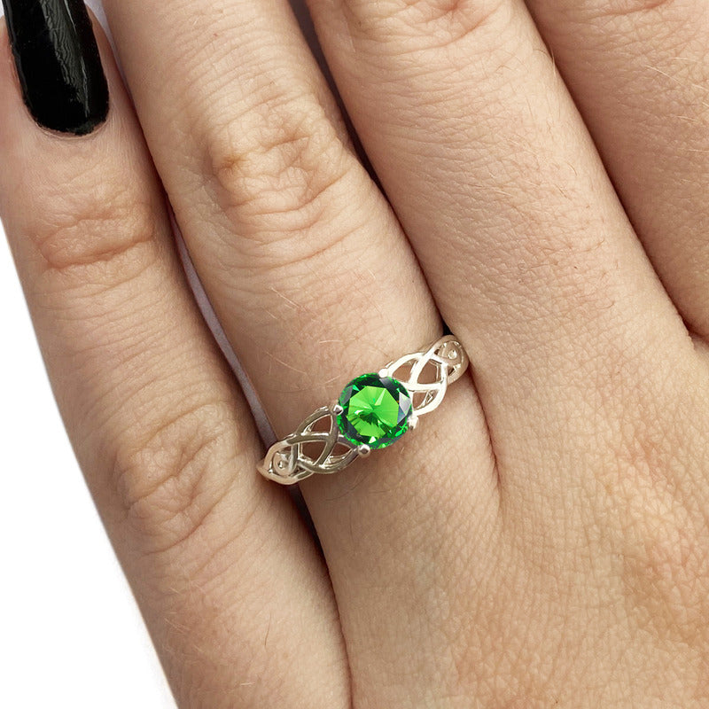 Anel Solitário Celta Knot Prata 925 Esmeralda - Exclusivo