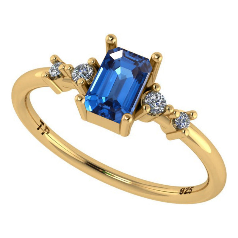 Anel Viena Retangular Prata 925 Dourada 18k - Safira