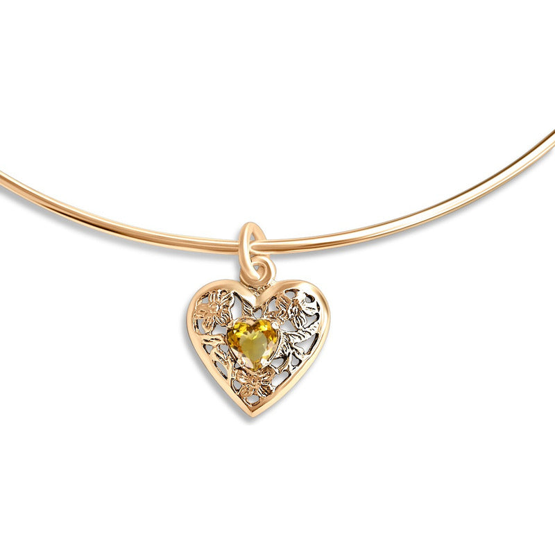 Colar Choker Citrino Coração Filigrana Prata 925 Dourada 18k