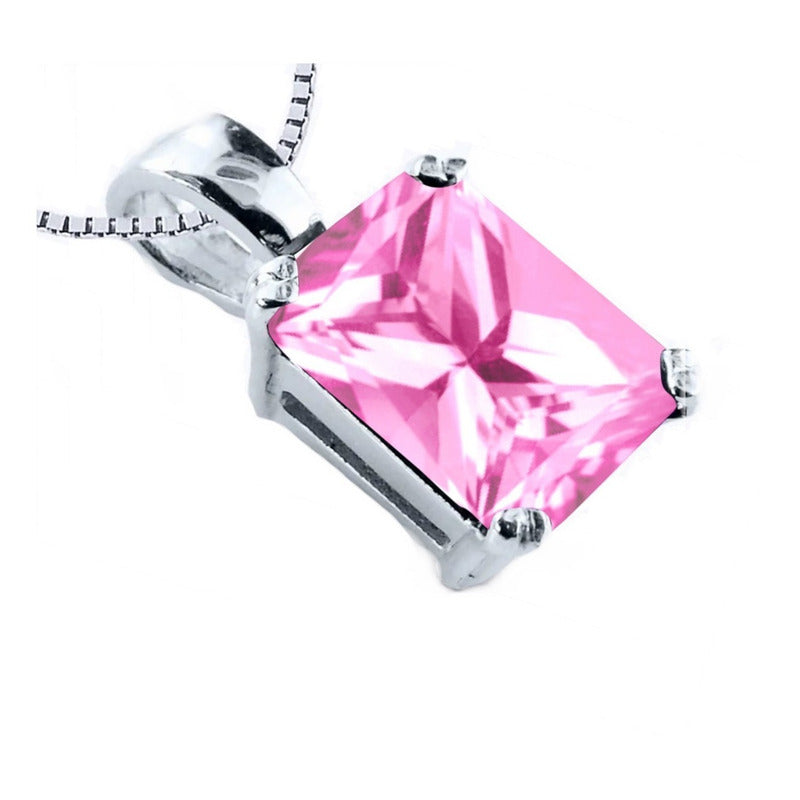 Colar Prata 925 Retangular Safira Rosa - Exclusivo
