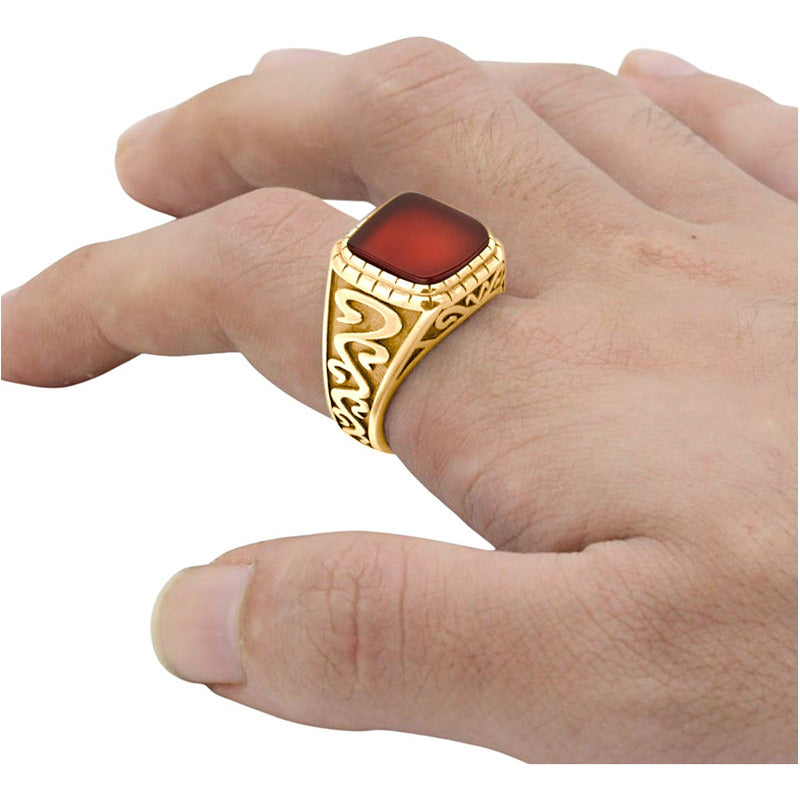 Anel Masculino Esculpido Prata 925 Dourada 18k - Ágata Verm