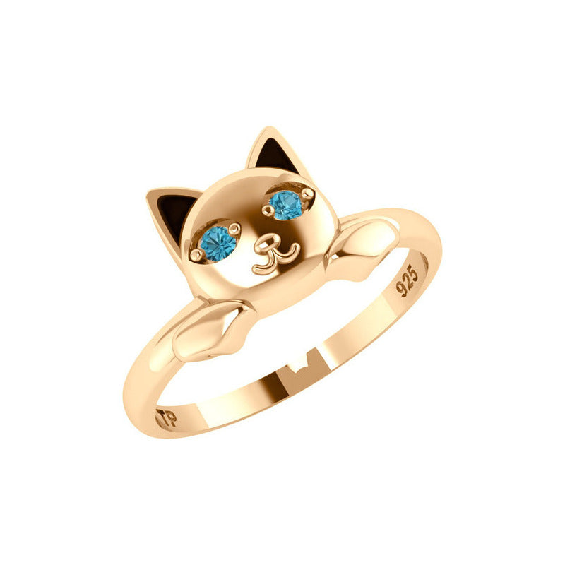 Anel Gatinho Olhos Topázio Azul - Prata 925 Dourada 18k