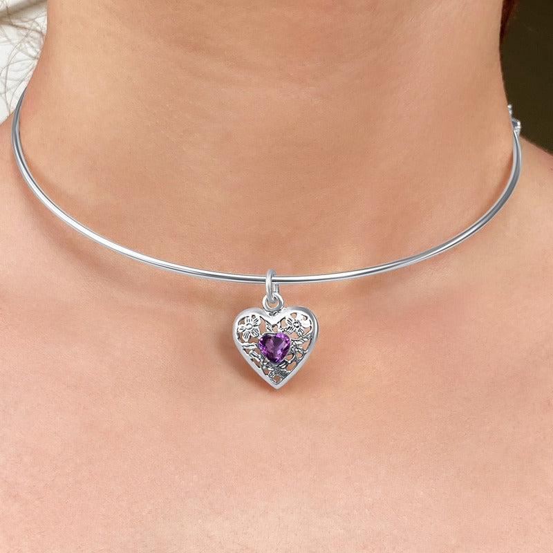 Colar Choker Filigrana Coração Prata 925 Ametista Exclusivo
