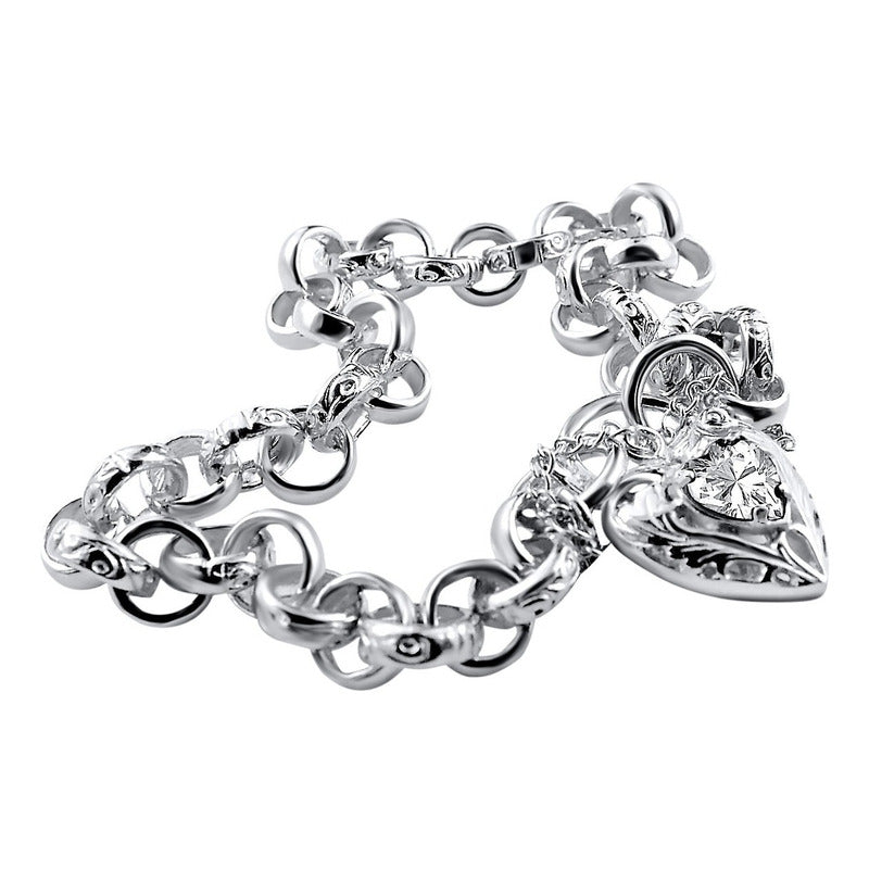 Pulseira Prata 925 Elo Português Zircônia - Fecho Coração