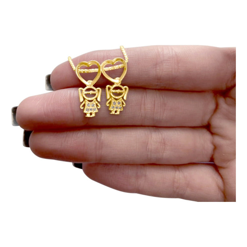 Colar Canga 2 Meninas Zircônias Prata 925 Dourada Ouro 18k