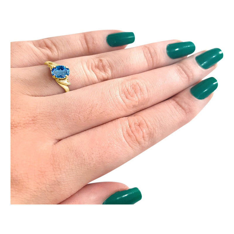 Anel Wings Prata 925 Dourada Ouro 18k - Água Marinha Oval