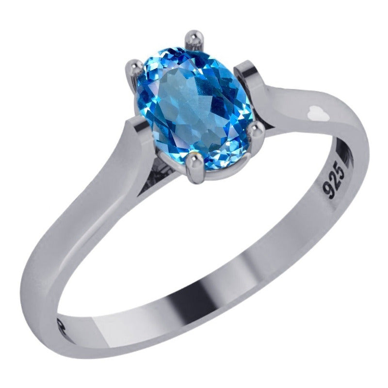 Anel Solitário Prata 925 Topázio Azul Oval - Exclusivo