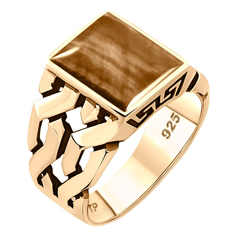 Anel Masculino Elos Prata 925 Dourada Ouro 18k Olho De Tigre