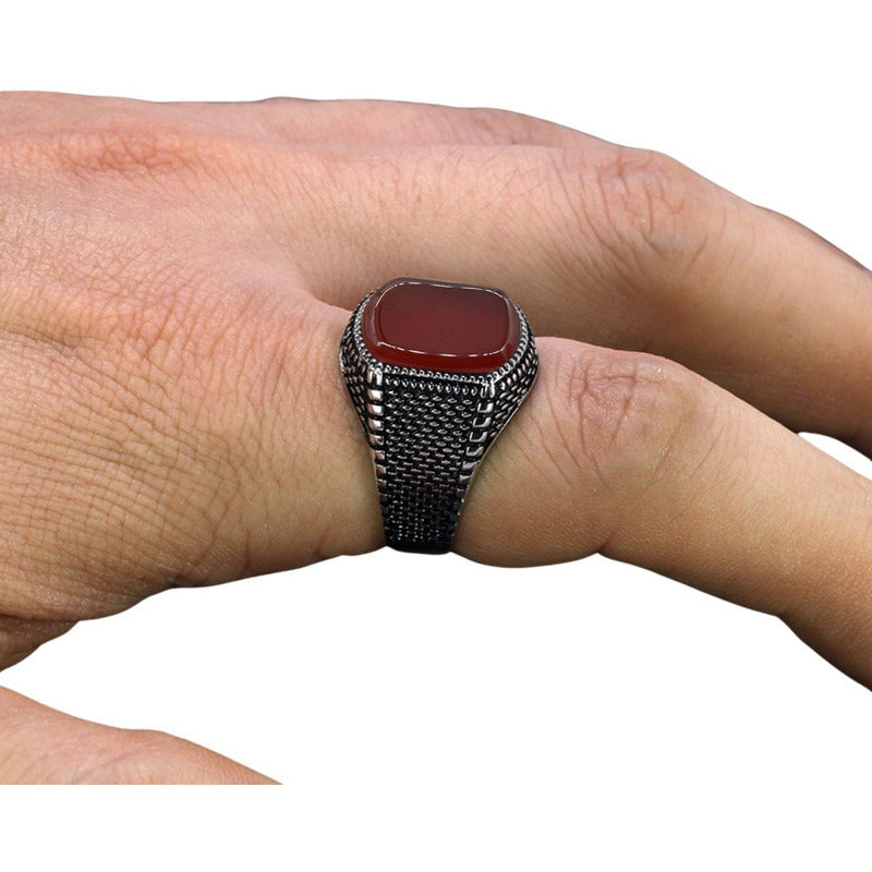 Anel Masculino Prata 925 Agata Vermelha Natural - Exclusivo