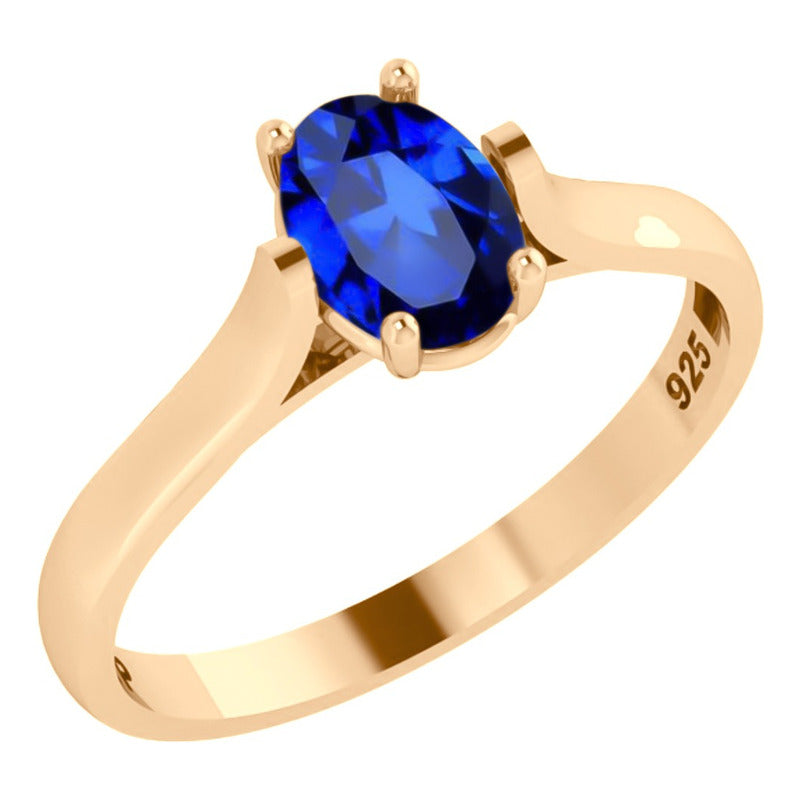 Anel Solitário Oval Em Prata 925 Dourada 18k - Safira