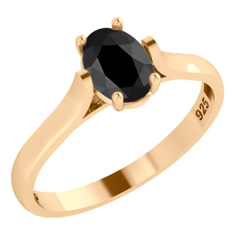 Anel Solitário Oval Em Prata 925 Dourada 18k - Black Ônix
