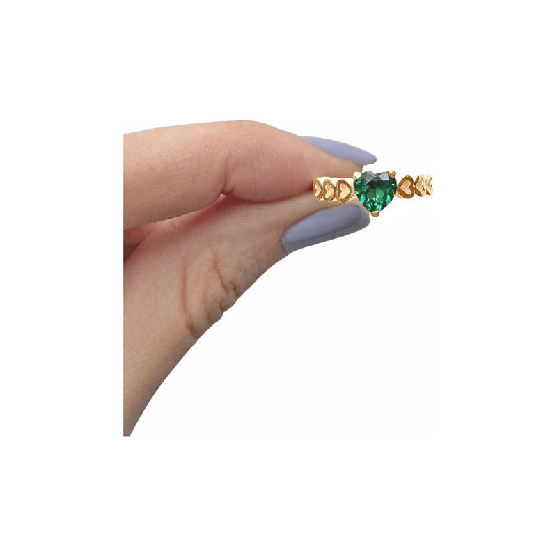 Anel Luxo Coração Prata 925 Dourada A Ouro 18k - Esmeralda
