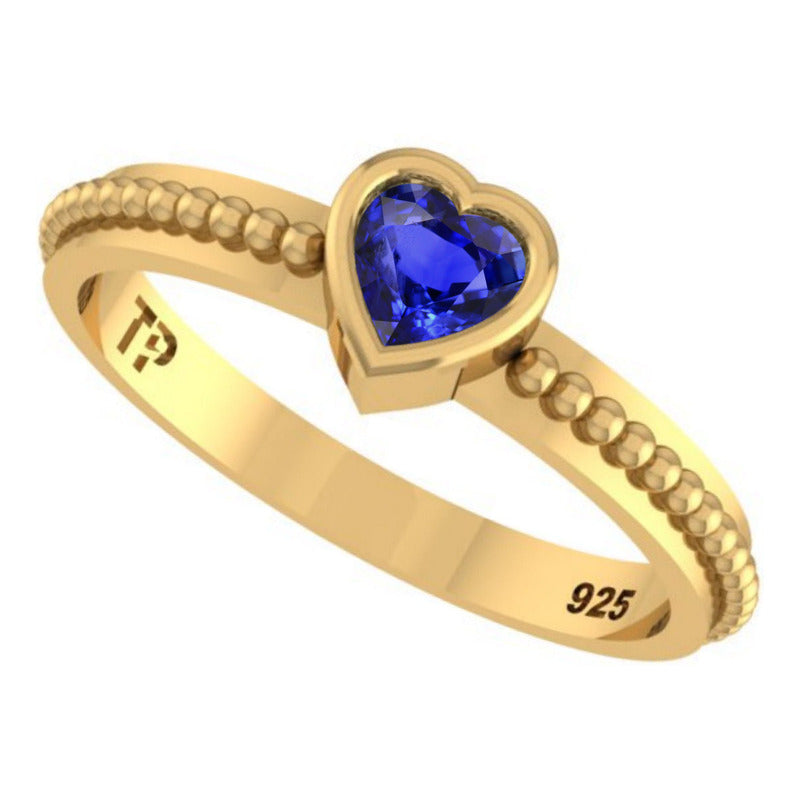 Anel Prata 925 Dourada 18k Solitário Coração - Safira