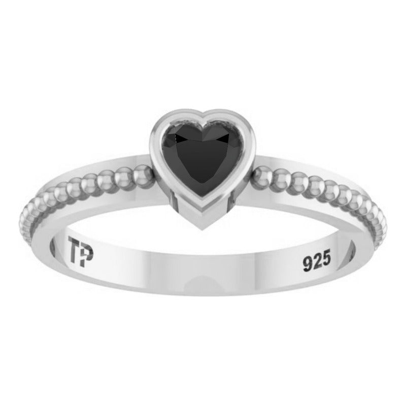 Anel De Prata 925 Solitário Coração Black Onix - Exclusivo