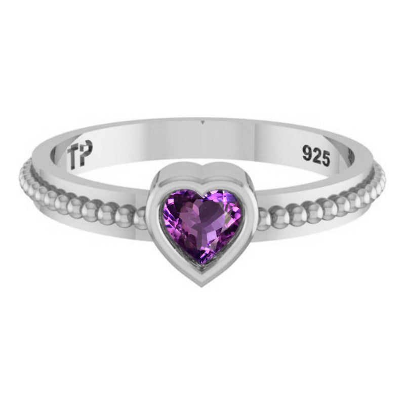 Pure 925 Silver Solitaire Amethyst Heart Ring - Exclusive
