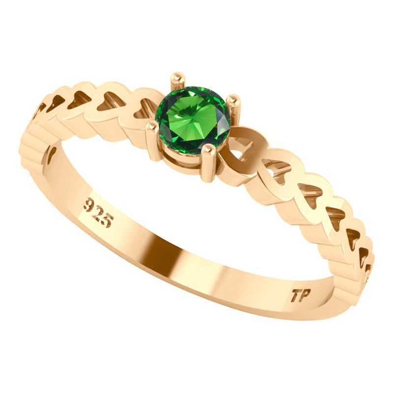 Anel Luxo Corações Prata 925 Dourada Ouro 18k Esmeralda