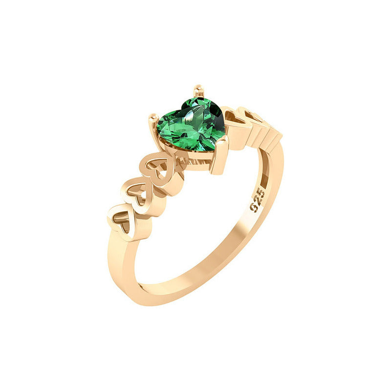 Anel Luxo Coração Prata 925 Dourada A Ouro 18k - Esmeralda