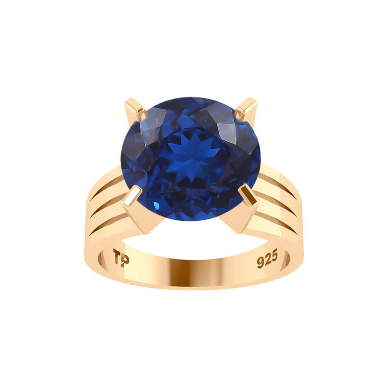 Anel Solitário Prata 925 Dourada 18k - Safira Grande
