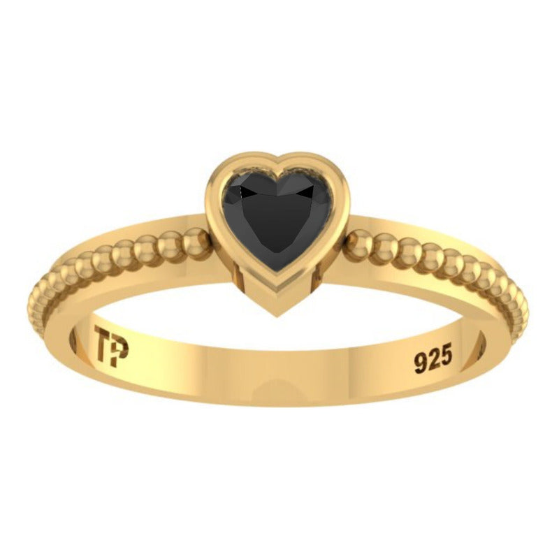 Anel Prata 925 Dourada 18k Solitário Coração - Onix