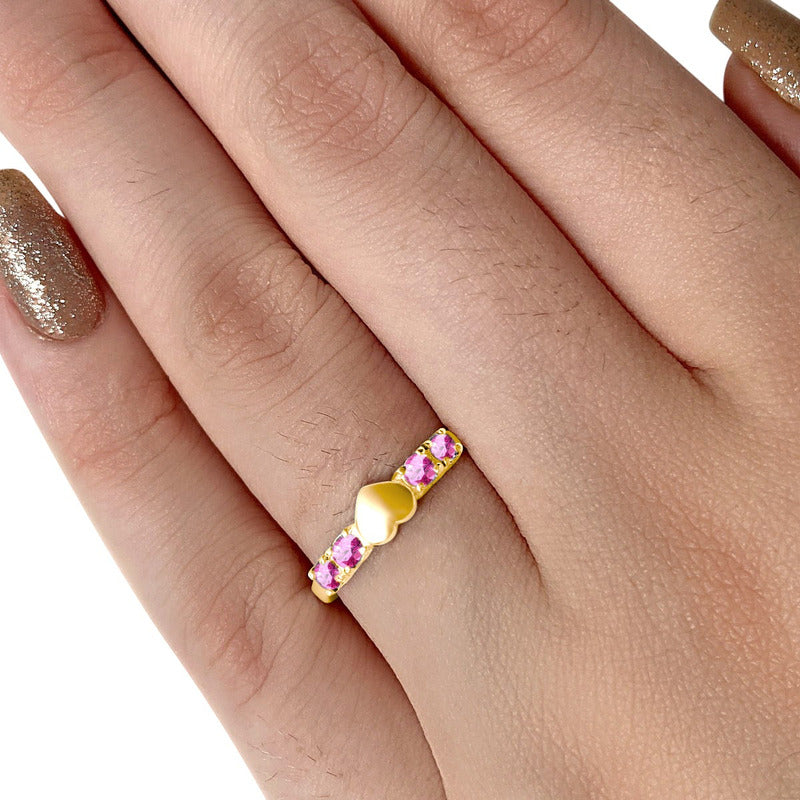 Anel Coração Sólido Prata 925 Dourada 18k - Zircônias Rosa