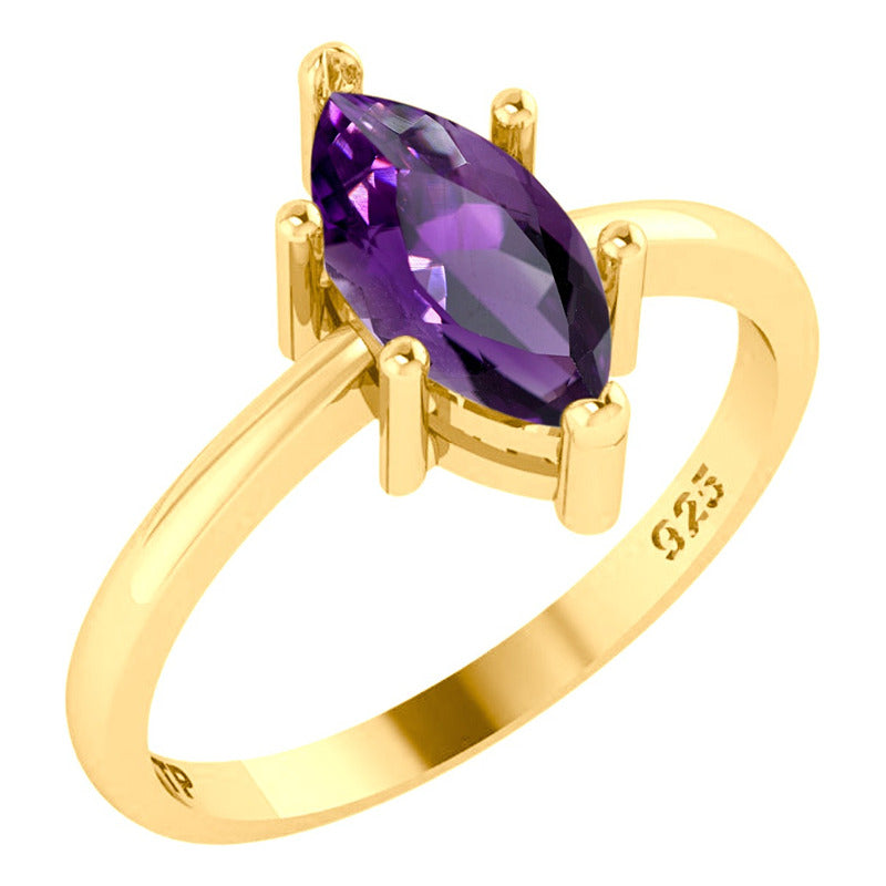Anel Navete Prata 925 Dourada Ouro 18k - Ametista