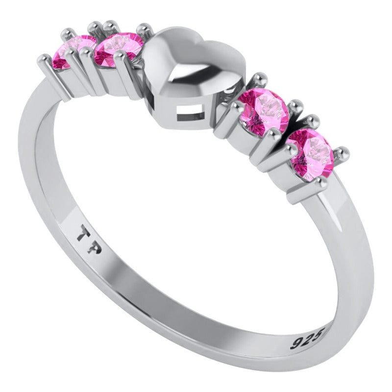 Solid Heart Ring In Pure 925 Silver - Pink Sapphire