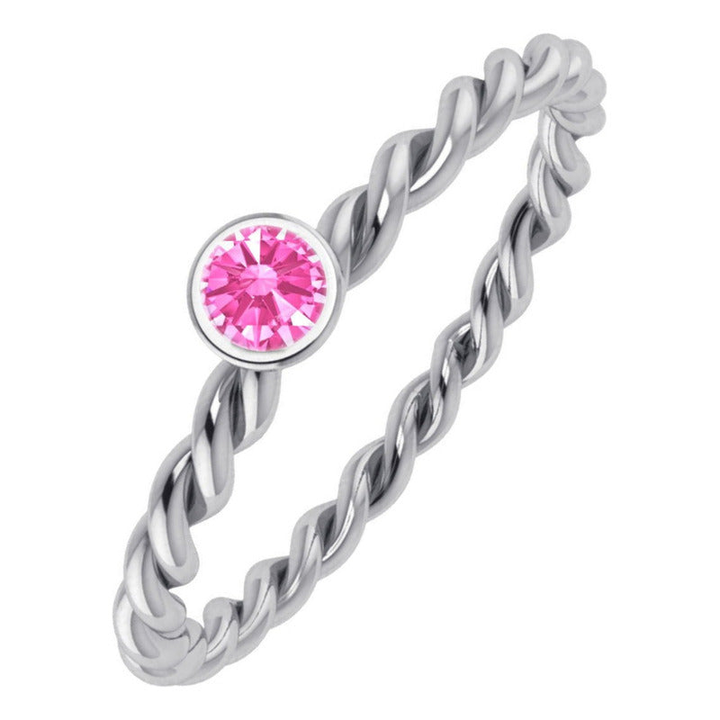 Anel Prata 925 Solitário Torcido Safira Rosa - Exclusivo