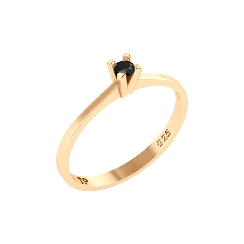 Anel Solitário Prata 925 Dourada 18k - Black Ônix