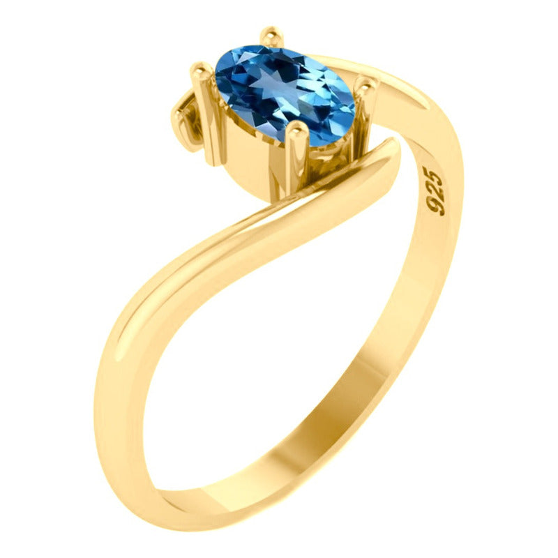 Anel Miami Prata 925 Dourada Ouro 18k - Topázio Azul