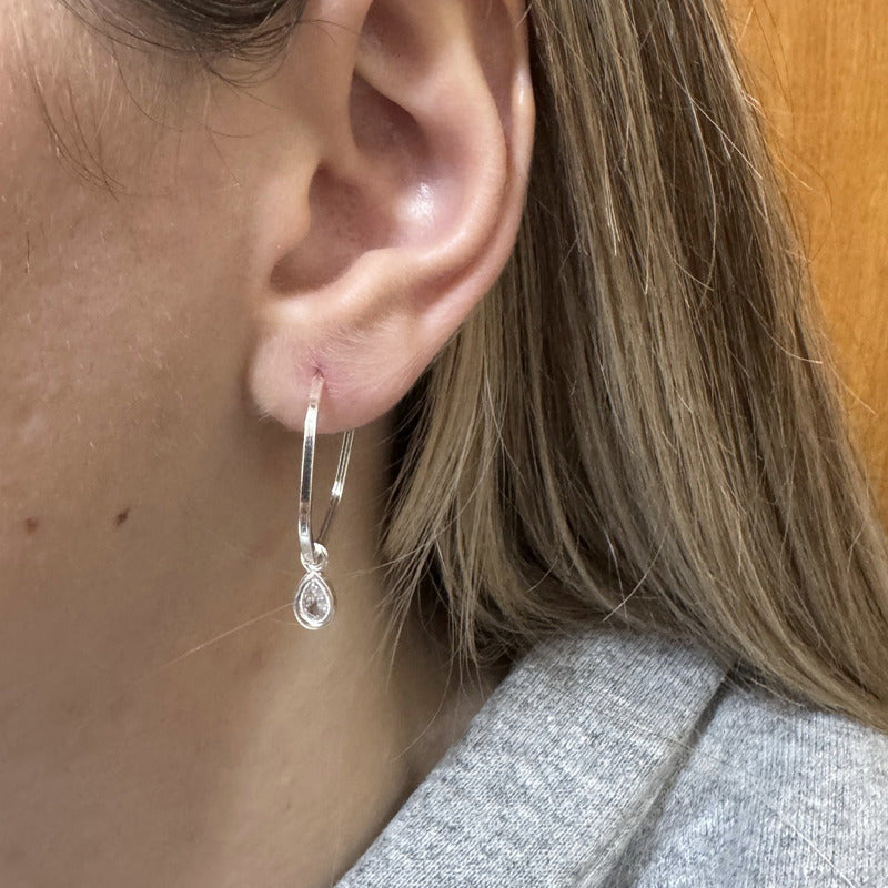 Brinco Argola Hexagonal Prata 925 Pingente Gota - Zircônia