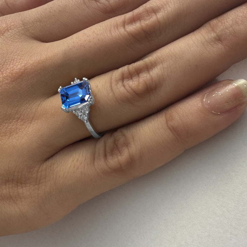 Anel Vintage Clássico Safira Azul Pura Prata 925 - Feminino