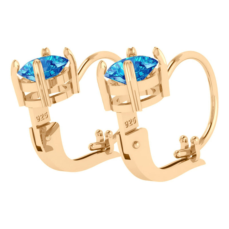 Brinco Trava Pura Prata 925 Dourada 18k - Topázio Azul Oval