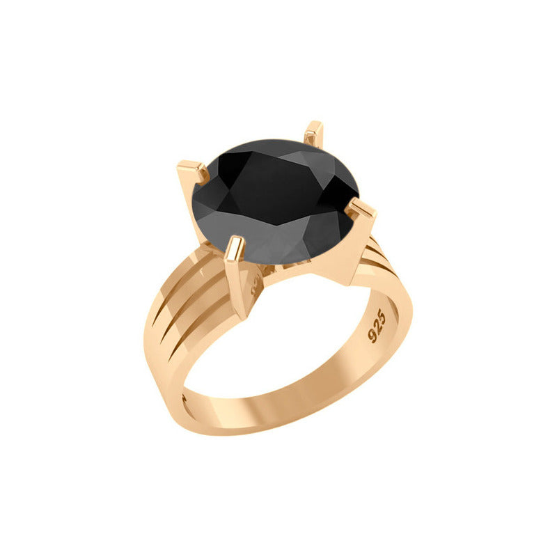 Anel Solitário Prata 925 Dourada 18k - Black Ônix Grande