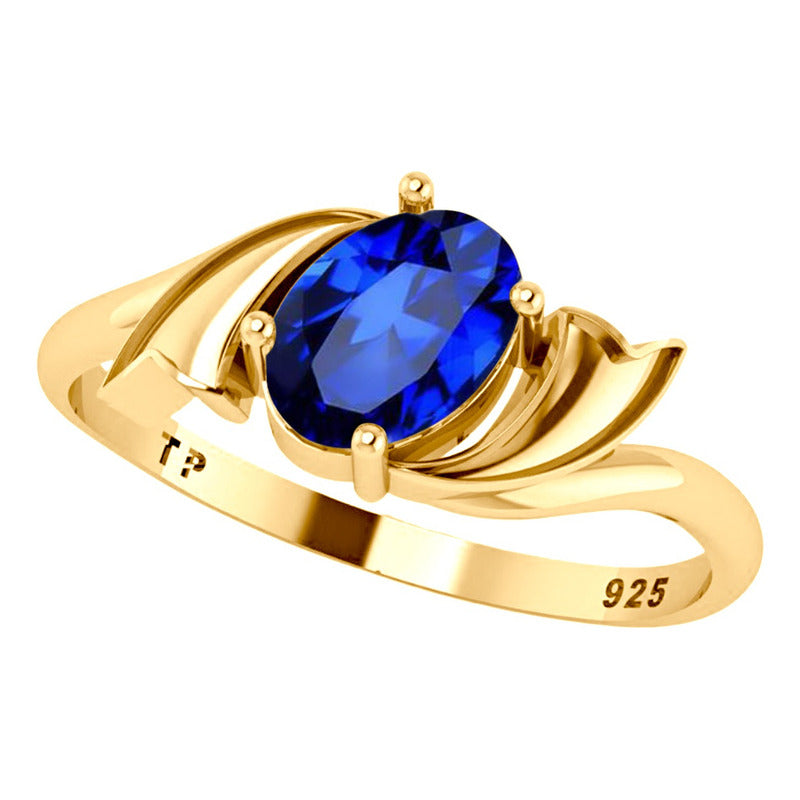 Anel Wings Prata 925 Dourada Ouro 18k - Safira Oval