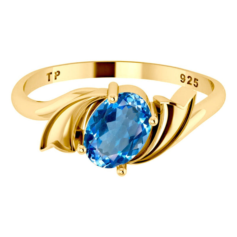 Anel Wings Prata 925 Dourada Ouro 18k - Água Marinha Oval