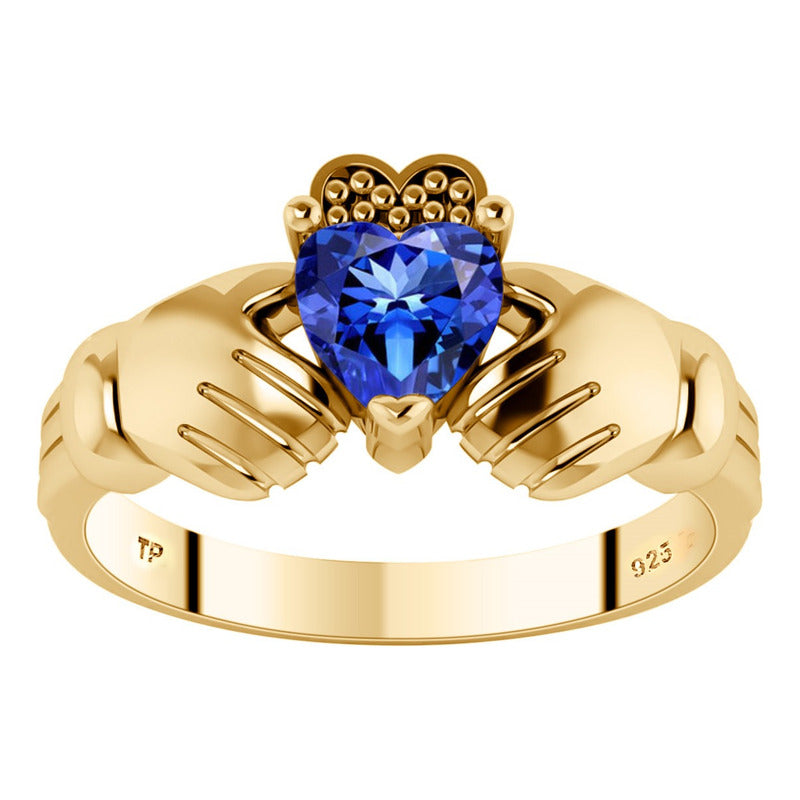 Anel Claddagh Irlandes Prata 925 Dourada 18k - Safira