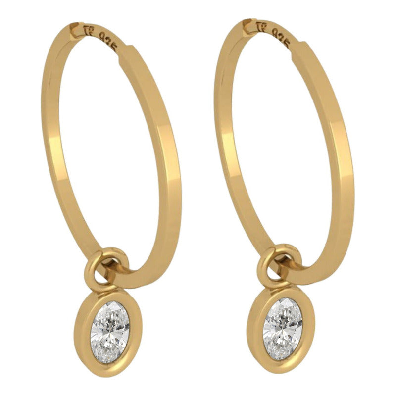 Brinco Argola Prata 925 Dourada 18k Pingente Oval- Zircônia