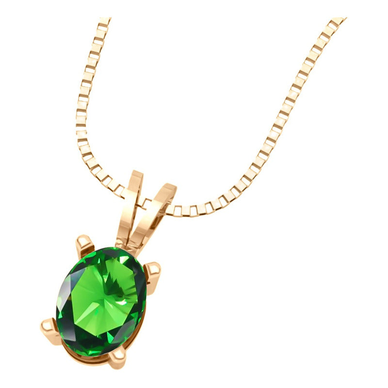 Colar Pingente Oval Prata 925 Dourada 18k - Esmeralda