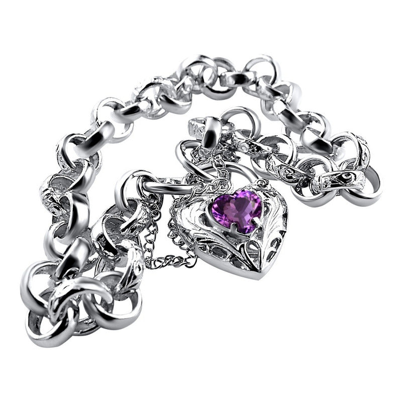 Pulseira Prata 925 Elo Português Ametista - Fecho Coração