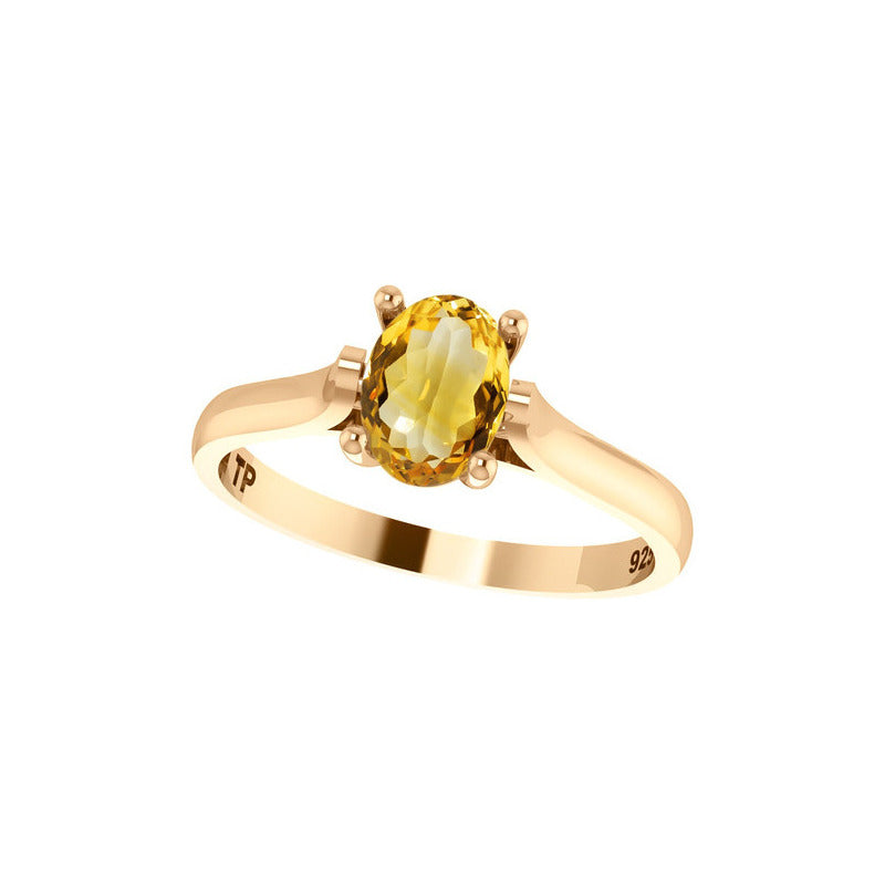 Anel Solitário Oval Em Prata 925 Dourada 18k - Citrino