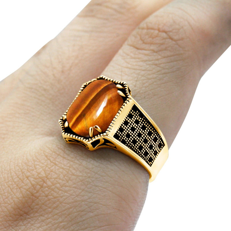 Anel Cabochão Prata 925 Dourada Ouro 18k - Olho De Tigre