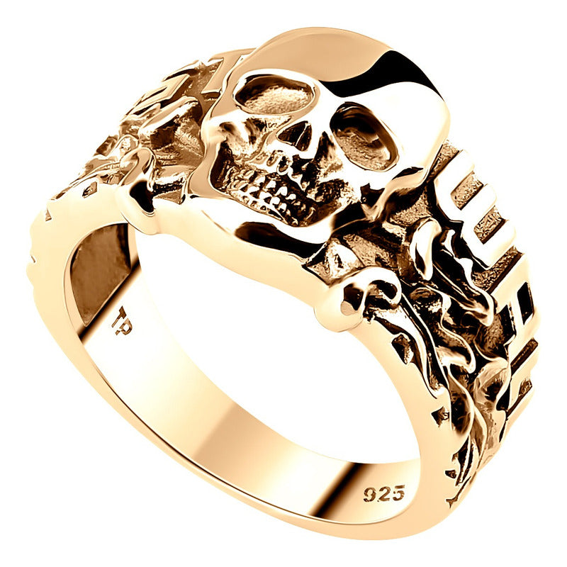Anel Caveira Pura Prata 925 Dourada Ouro 18k