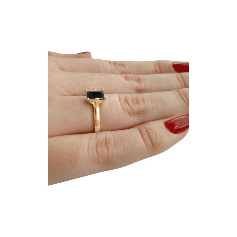 Anel Solitário Retangular Prata 925 Dourada 18k - Black Ônix