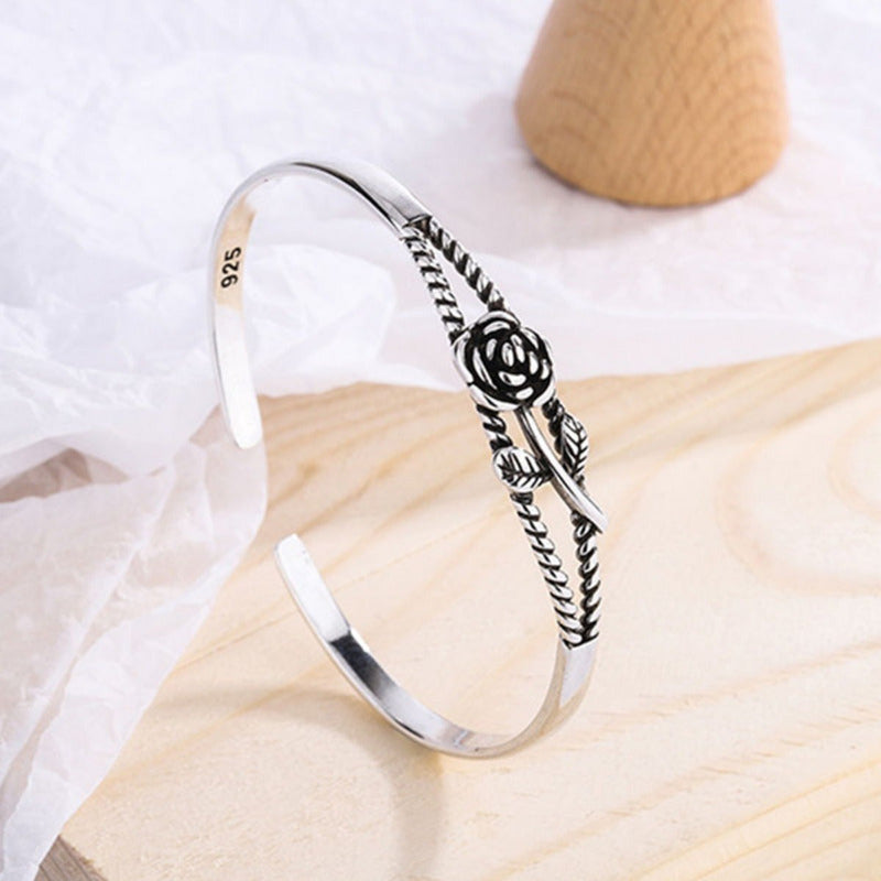 Pulseira Bracelete Floral Rígido Maciço Prata 925 - Feminino