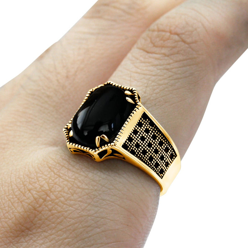 Anel Cabochão Prata 925 Dourada Ouro 18k- Black Ônix Natural